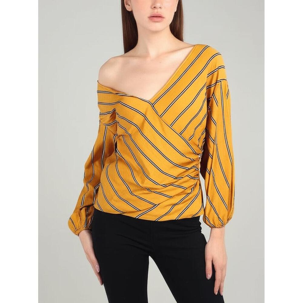 New Mode‎ USA Women Mustard Striped Cold Shoulder Wrap Blouse Chic Size L XL